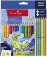 Цветни моливи Faber-Castell Grip 2001 - Динозавър - 18 цвята + 3 металикови, 3 неонови и стикери -