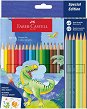 Цветни моливи Faber-Castell - Динозавър - 18 цвята + 3 металикови, 3 неонови и стикери -