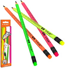 Графитни моливи HB Y-Plus Star neon - 6 броя с гумички - молив