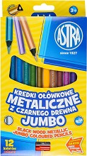 Цветни моливи Astra S.A. Jumbo - 12 цвята с металиков ефект и острилка - 