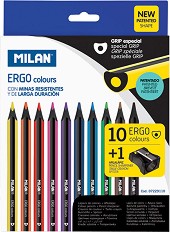 Цветни моливи Milan Ergo Grip - 10 цвята с острилка - 