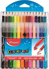 Цветни моливи и флумастери Maped - 12 молива и 15 флумастера от серията "Color' Peps" - 