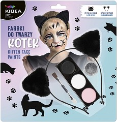 Бои за лице Kidea - Коте - 3 цвята с диадема, апликатор и брокат - 