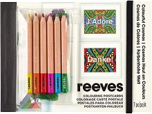 Пощенски картички за оцветяване Reeves Colourful Cosmos - 20 броя и 6 цветни молива - 