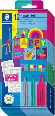 Комплект за рисуване Staedtler - 12 части със стикери от серията Happy - 